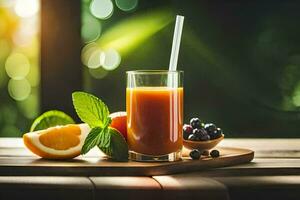 a glass of orange juice with berries and mint. AI-Generated photo