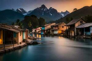 photo wallpaper the sky, mountains, water, river, houses, the mountains, the river,. AI-Generated