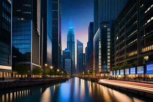 un ciudad calle con alto edificios y un río. generado por ai foto