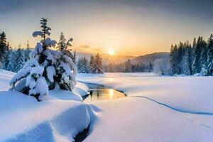 photo wallpaper the sky, snow, trees, river, sun, trees, river, winter,. AI-Generated