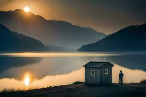 un hombre soportes en frente de un pequeño choza en el apuntalar de un lago a puesta de sol. generado por ai foto