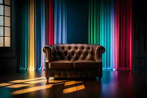 a leather chair in front of a colorful curtain. AI-Generated photo