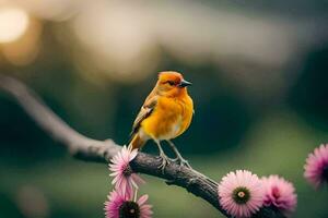 a small bird is perched on a branch with pink flowers. AI-Generated photo