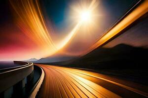 a long exposure photograph of a highway at sunset. AI-Generated photo