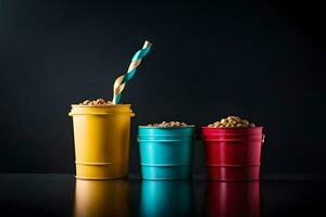 three colorful cups with a straw and cereal. AI-Generated photo