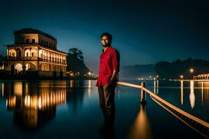 un hombre en pie en el borde de un lago a noche. generado por ai foto