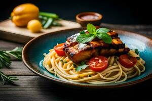 grilled salmon on a plate with spaghetti and tomatoes. AI-Generated photo