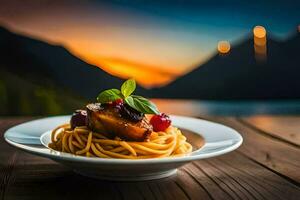 espaguetis con Cereza Tomates y hongos en un lámina. generado por ai foto