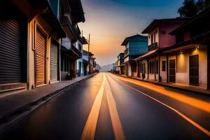 un largo exposición fotografía de un calle a puesta de sol. generado por ai foto