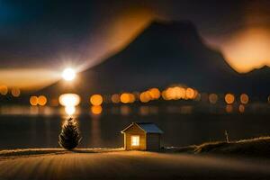 a small house in the snow with a tree in the foreground. AI-Generated photo