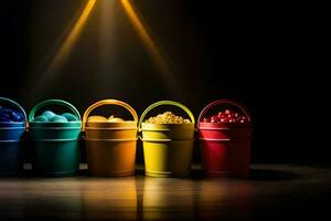 colorful buckets with candy in front of a spotlight. AI-Generated photo