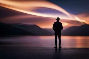 a man standing in front of a lake at sunset. AI-Generated photo