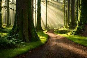 a path through a green forest with sunbeams shining down. AI-Generated photo