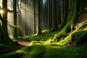 el Dom brilla mediante el arboles en un bosque. generado por ai foto