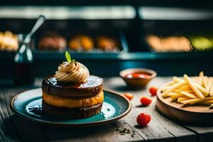 un pastel con hielo crema y un lado de papas fritas generado por ai foto