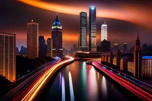 a city skyline at night with lights on the buildings. AI-Generated photo