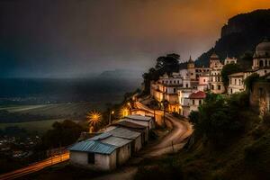 un pueblo en el lado de un montaña con un puesta de sol. generado por ai foto