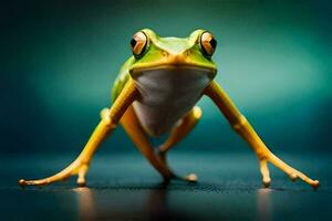 a frog is standing on its legs. AI-Generated photo