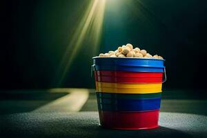 a bucket of popcorn on a dark background. AI-Generated photo