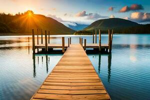 the sun rises over a lake and pier. AI-Generated photo