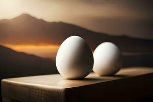 two eggs on a wooden table with mountains in the background. AI-Generated photo