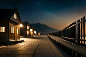 a wooden pier with a house on it at night. AI-Generated photo