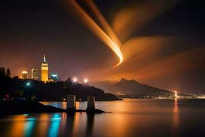 un largo exposición fotografía de un volcán en el noche cielo. generado por ai foto