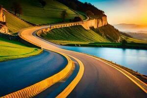 un devanado la carretera en el montañas a puesta de sol. generado por ai foto