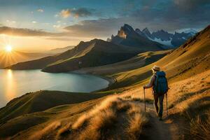 a man walks on a trail in the mountains. AI-Generated photo