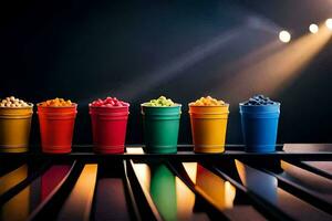a row of colorful cups on a piano. AI-Generated photo