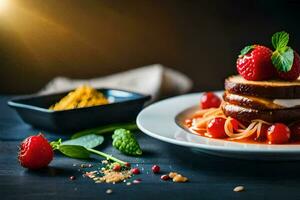 un plato con un pastel y fresas generado por ai foto