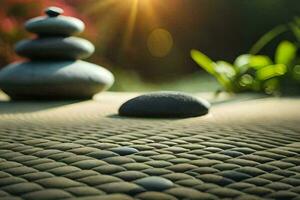 a stone table with a stone on top and a rock in the background. AI-Generated photo