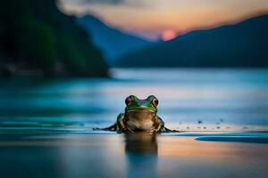 un rana sentado en el playa a puesta de sol. generado por ai foto