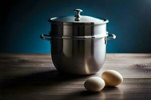 two eggs sit next to a stainless steel pot. AI-Generated photo