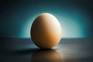 an egg sitting on a table with a blue background. AI-Generated photo