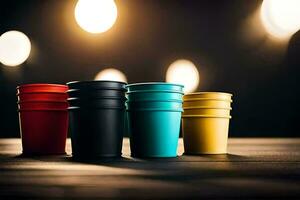 four colorful plastic cups on a table. AI-Generated photo