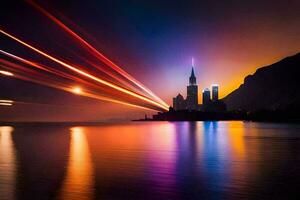 un ciudad horizonte a noche con luces rayado a través de el agua. generado por ai foto