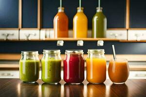 a row of different colored juices in jars. AI-Generated photo