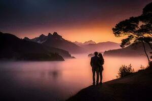 un Pareja en pie en un montaña con vista a un lago a puesta de sol. generado por ai foto