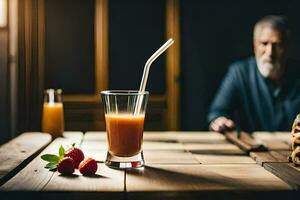 a man sitting at a table with a glass of juice. AI-Generated photo