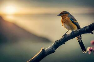 a bird sits on a branch in front of the sun. AI-Generated photo