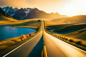a road in the mountains with a lake in the background. AI-Generated photo