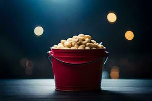 a bucket of popcorn on a table with bokeh lights. AI-Generated photo