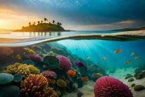 the sun sets over a coral reef and fish. AI-Generated photo