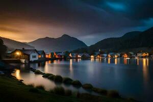 un lago y casas en el montañas a noche. generado por ai foto