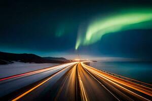 el Aurora borealis luces arriba el cielo terminado un carretera. generado por ai foto