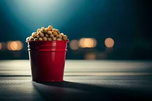 a red bucket filled with peanuts sitting on a table. AI-Generated photo