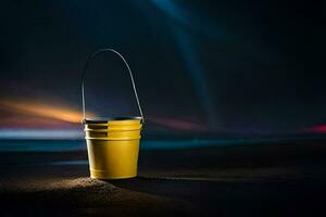 un amarillo Cubeta sentado en el arena a noche. generado por ai foto