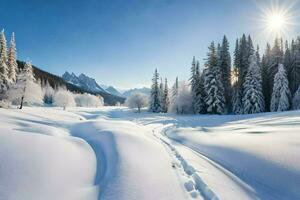 un Nevado paisaje con arboles y nieve. generado por ai foto