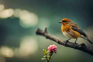 a bird sits on a branch near a pond. AI-Generated photo